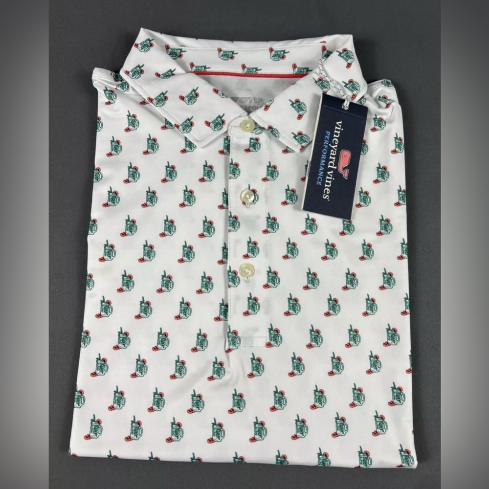 Vineyard Vines Golf Shirt Polo Peach Tea Print Palmero Large White Polyester
